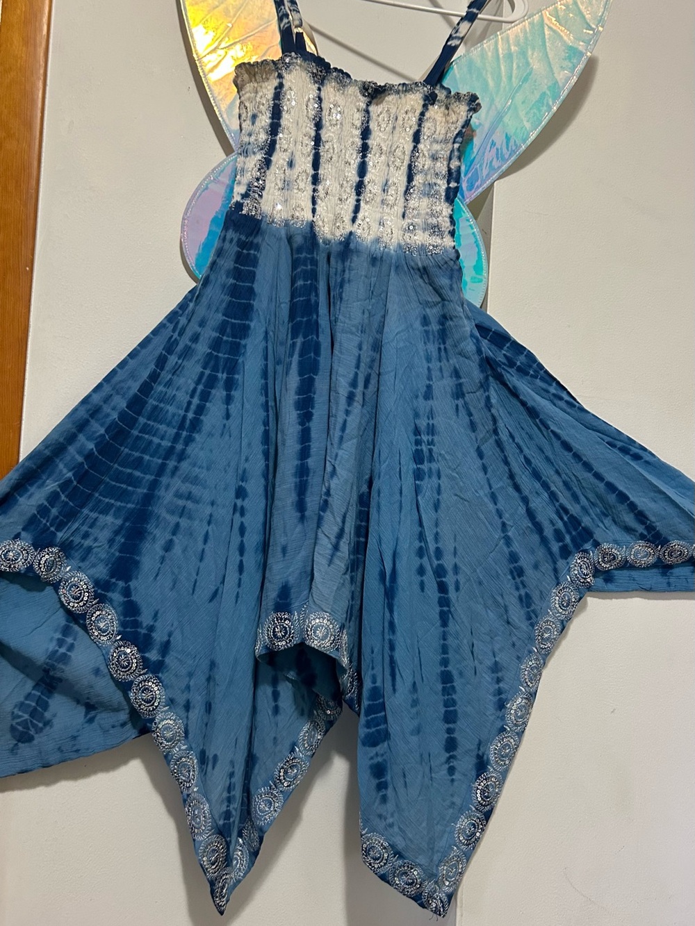 Advance Apparels Blue Tie-Dye Fairy Dress with Embellished White Smocked Bodice